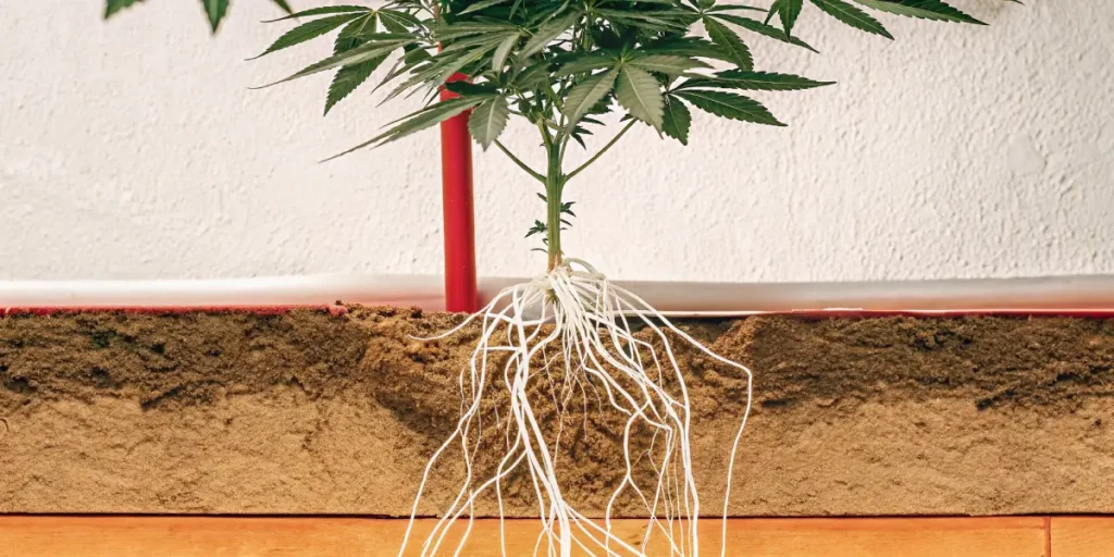Hyper-realistic illustration showing the white roots of a cannabis plant growing through a fibrous medium, with a red support.