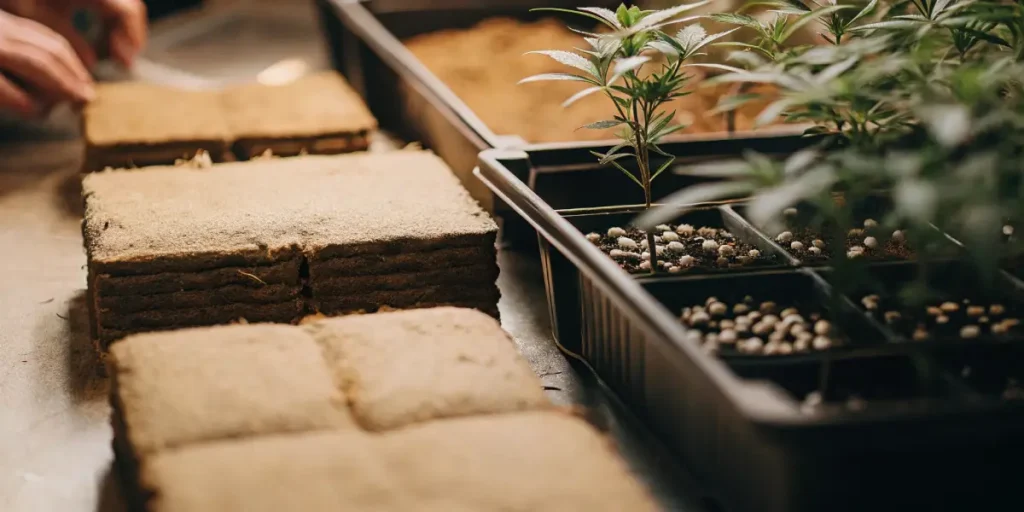Close-up of cannabis seedlings in a propagation tray next to stacked soil blocks.