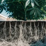 Hyper-realistic illustration showing the healthy, extensive root system of a cannabis plant in soil, with foliage above.