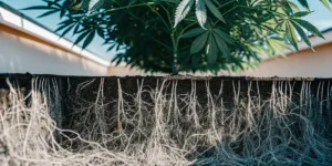 Hyper-realistic illustration showing the healthy, extensive root system of a cannabis plant in soil, with foliage above.