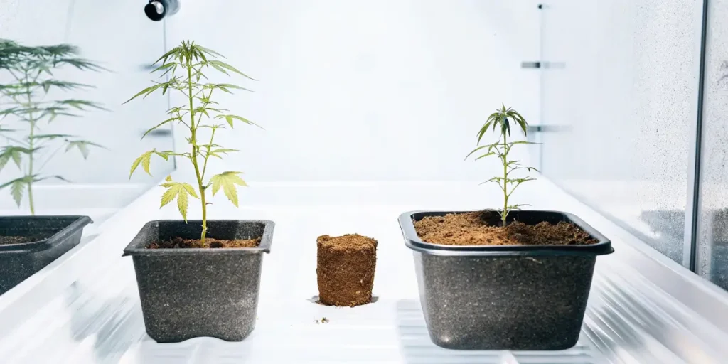 Two young cannabis plants in pots, with a soil plug between them, on a white surface.
