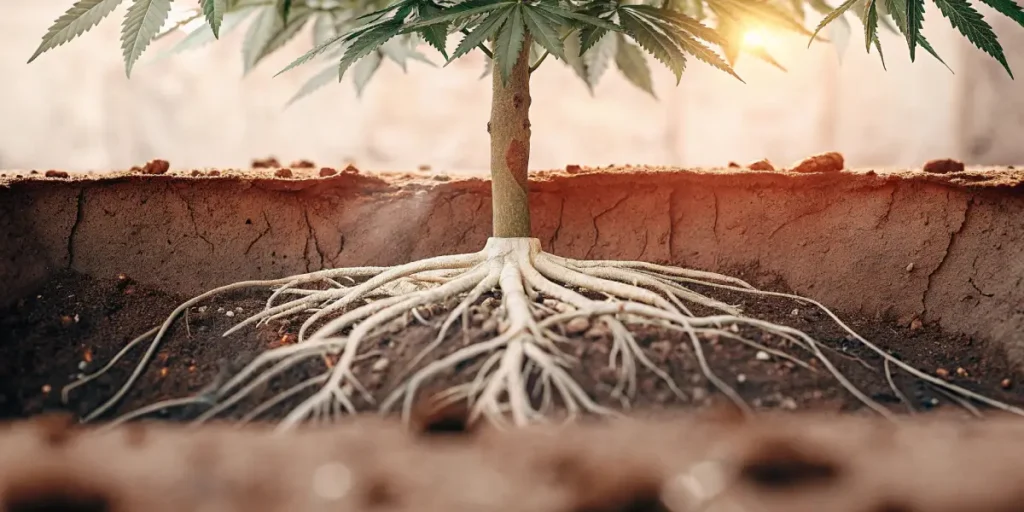 Hyper-realistic illustration showing a cannabis plant with a prominent taproot and lateral roots in soil, with golden light from behind.