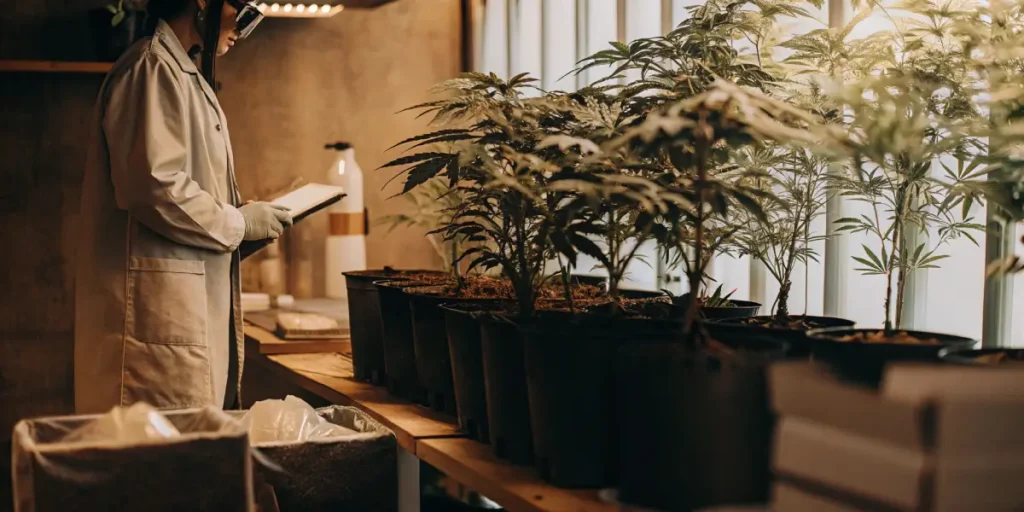 Rows of large potted cannabis plants under numerous square grow lights in an indoor cultivation room.