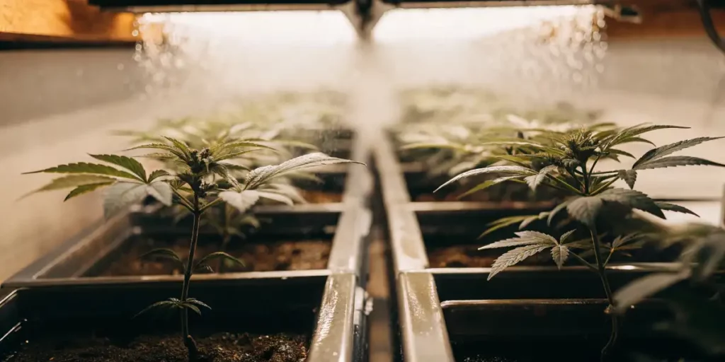 Lush cannabis plants growing in a hydroponic system with water droplets.