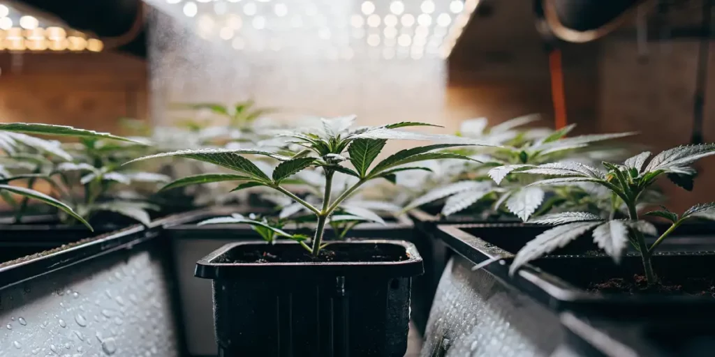 Cannabis plants under LED lights with a hydroponic watering system.