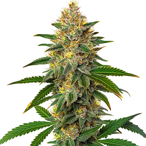 Willie Nelson cannabis plant with dense, frosty buds and vibrant green leaves, adorned with orange pistils.