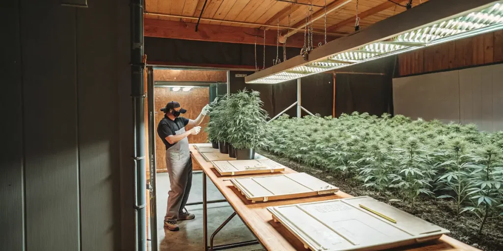 Cannabis grower inspecting mature cannabis plants under LED grow lights in an indoor cultivation room