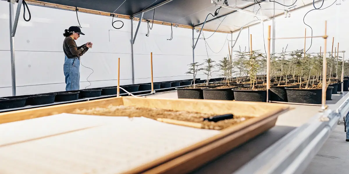 Cannabis grower monitoring young cannabis seedlings in pots inside a modern greenhouse environment