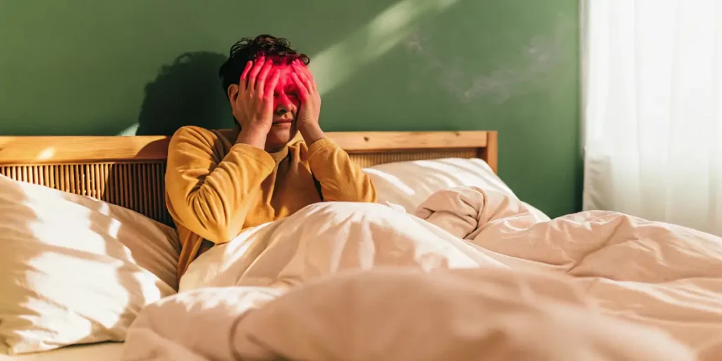 Person in bed holding head with red glowing temples, showing signs of migraine pain.
