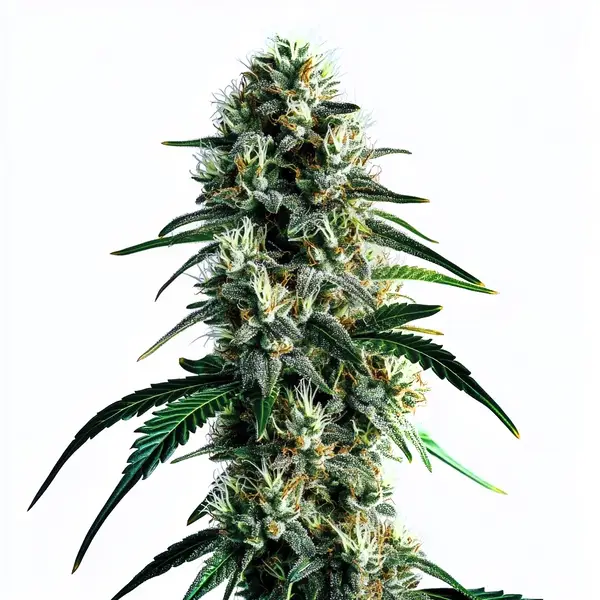 Super Silver Haze cannabis plant with dense buds and shimmering trichomes, showcasing bright green leaves and a citrusy aroma.