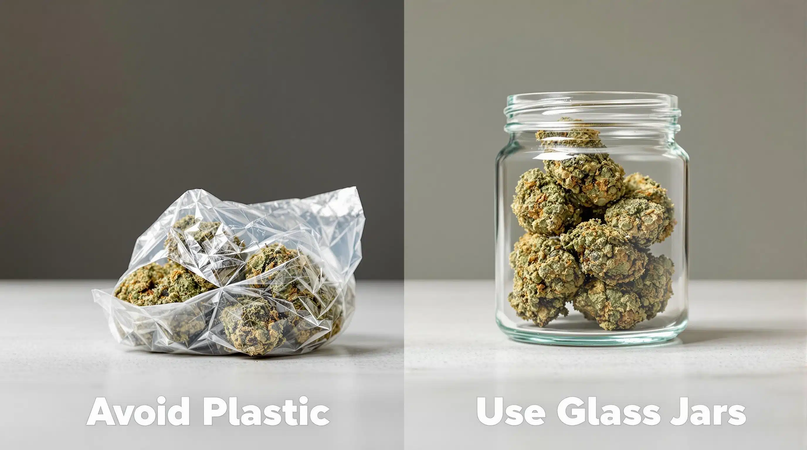 Comparison showing cannabis in a plastic bag versus a glass jar for proper storage.