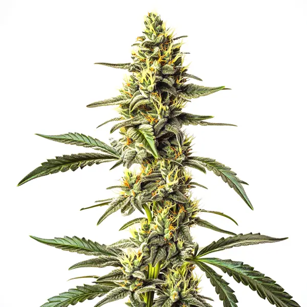 CBD Harlequin strain with vibrant green buds, frosty trichomes, and orange pistils.