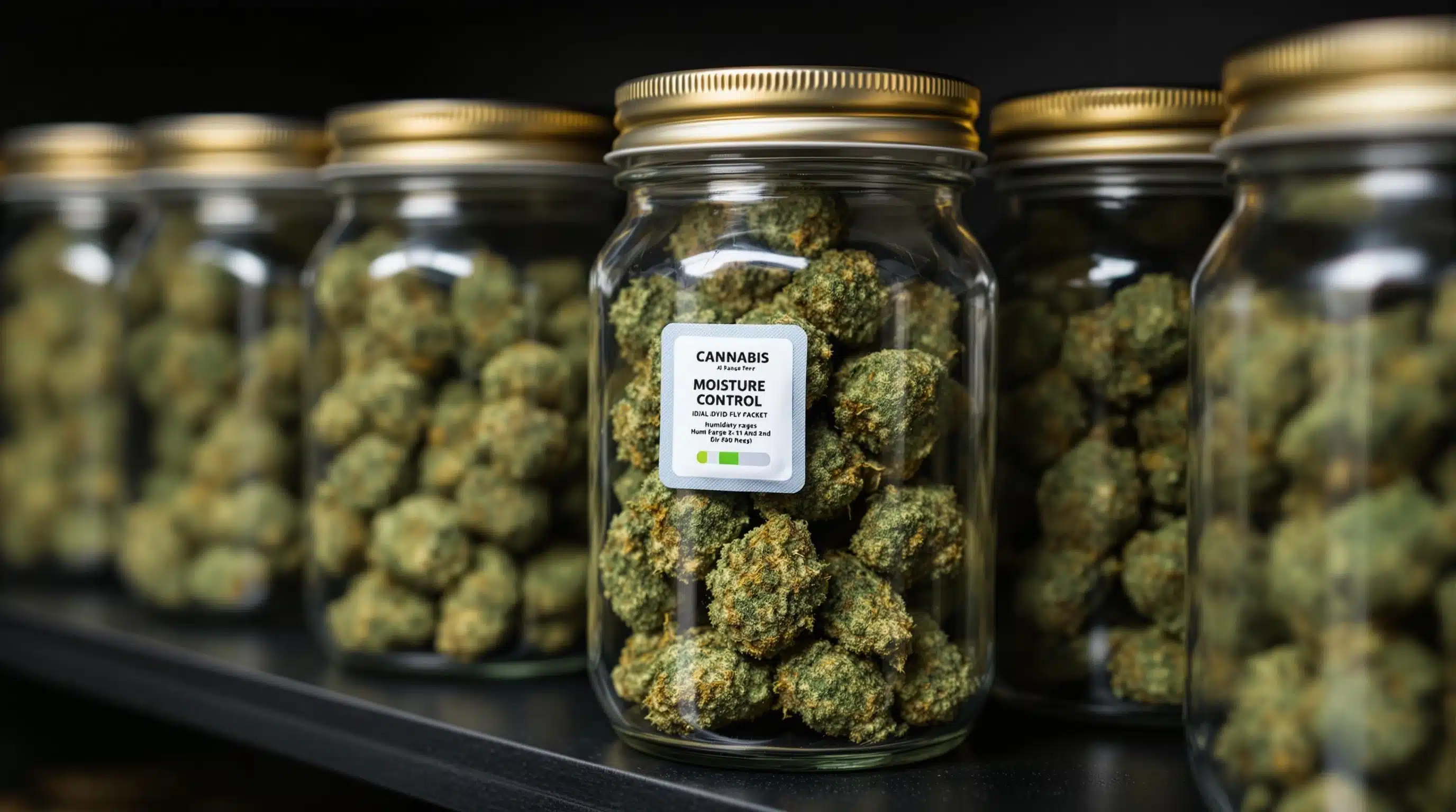 Glass jars filled with cannabis buds, sealed with golden lids, and labeled for moisture control.
