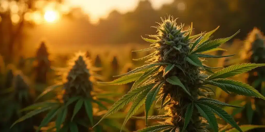 Mature cannabis bud grown from fast version seeds during summer sunset, showcasing early harvest advantages.