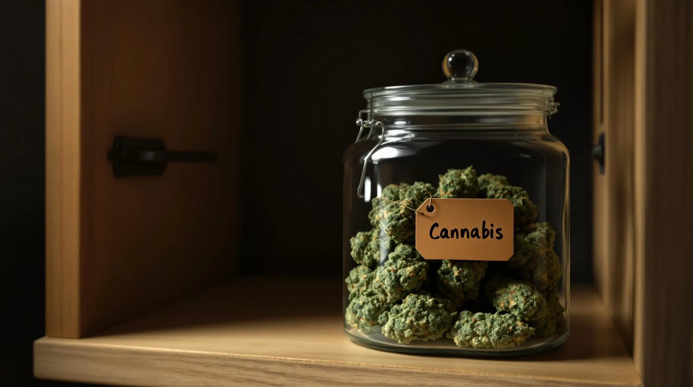 Cannabis buds stored in a labeled glass jar on a wooden shelf.