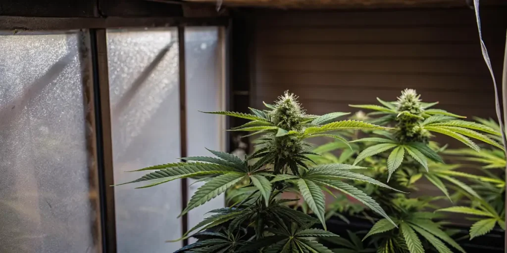 Robust autoflowering cannabis plants with buds in a greenhouse setting near a window.