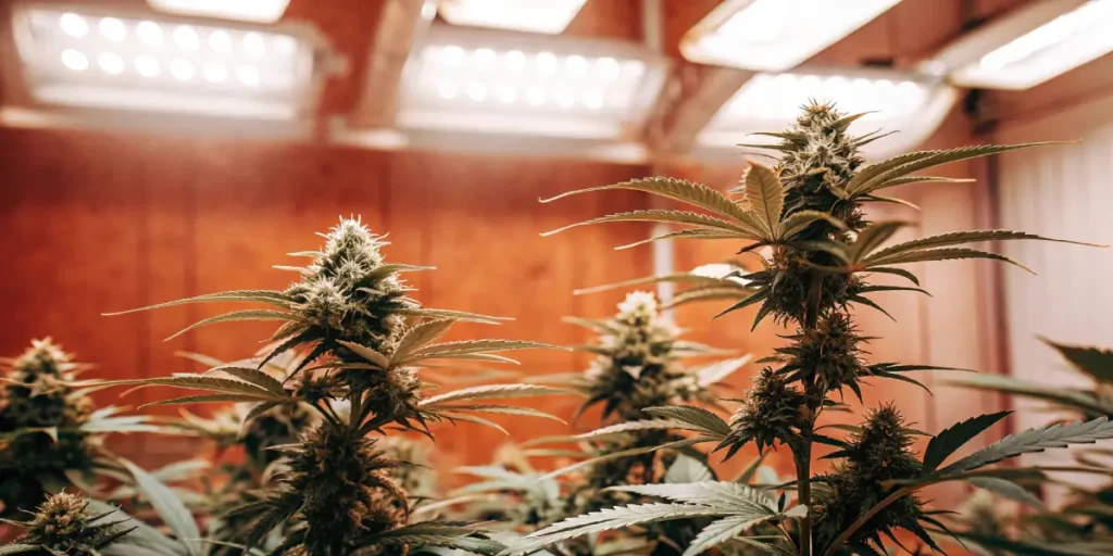 Robust autoflowering cannabis plants with dense buds under warm indoor grow lights.