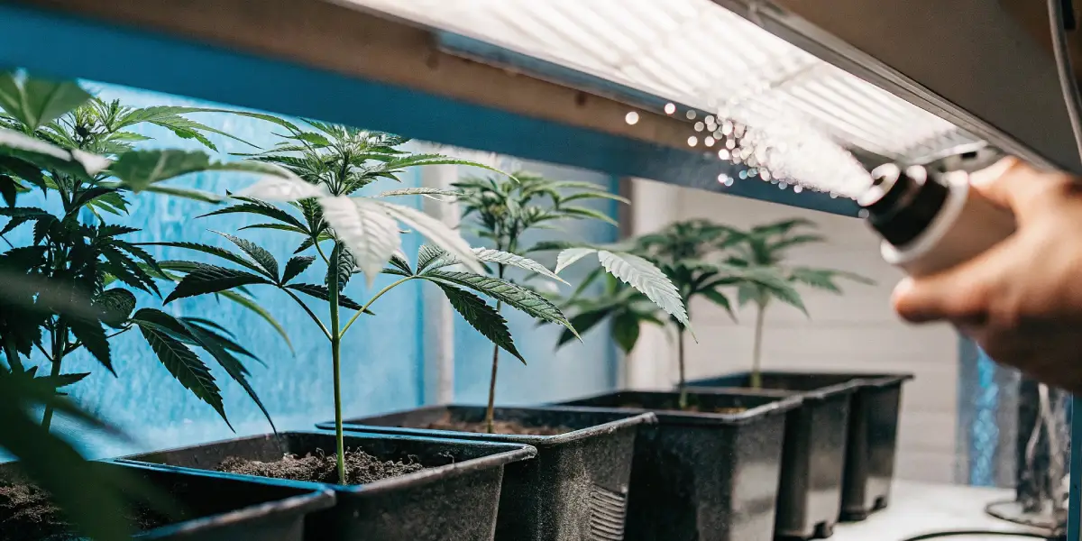 Spraying young cannabis plants under indoor grow lights