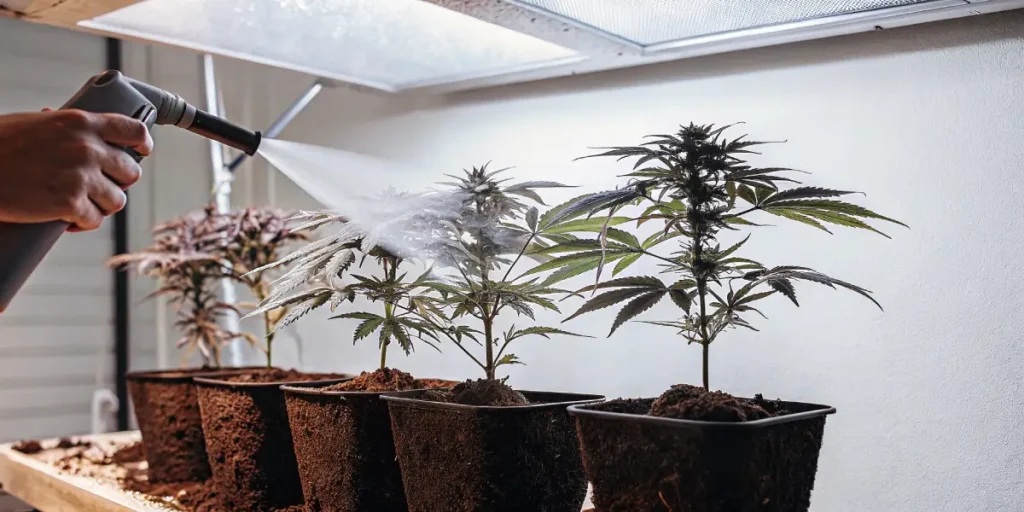 Watering cannabis plants in pots under bright indoor grow lights