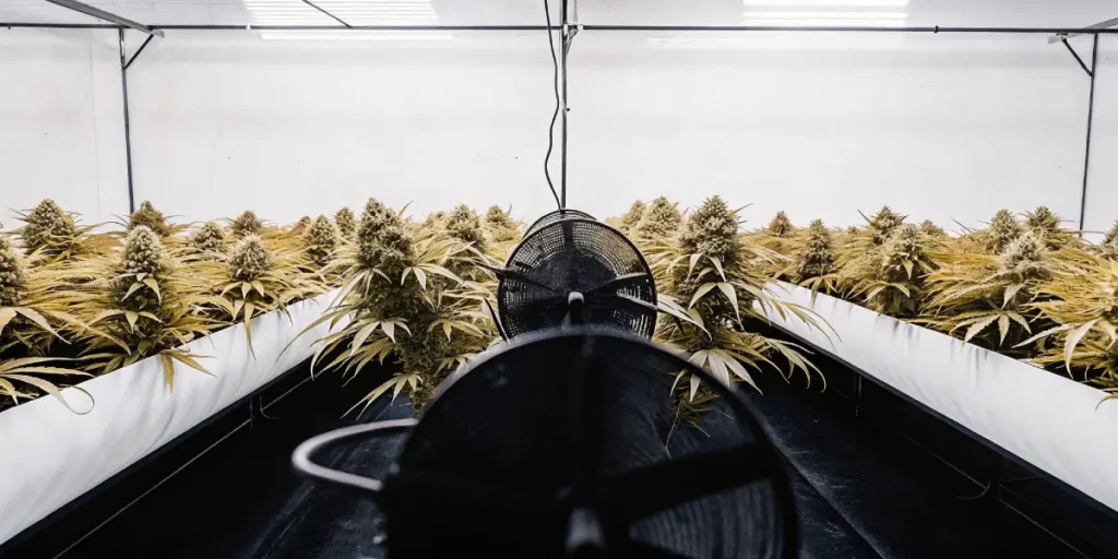 Hyper-realistic indoor cannabis grow room with rows of golden-hued plants and central fans.