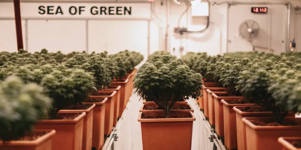 Indoor cannabis grow room with neatly arranged rows of green potted plants under bright lights, "SEA OF GREEN" and "12:112" signs.