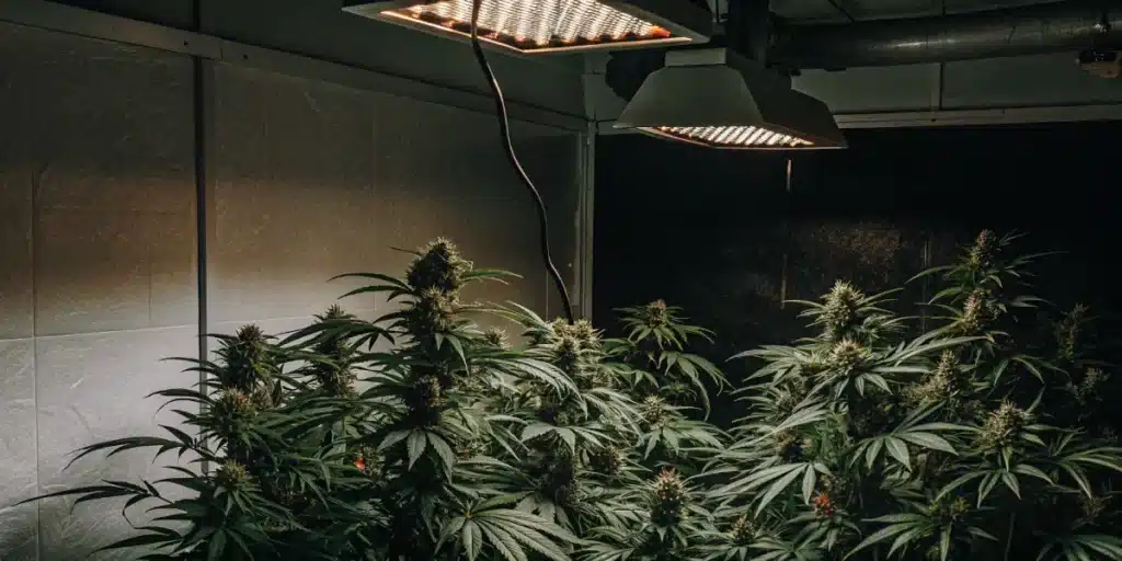 Hyper-realistic indoor cannabis cultivation: lush plants under warm, dim grow lights, creating shadows.