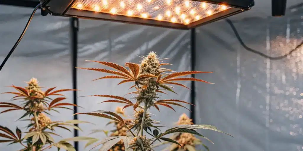 Hyper-realistic indoor cannabis cultivation: lush plants with golden-hued leaves under a bright square grow light.