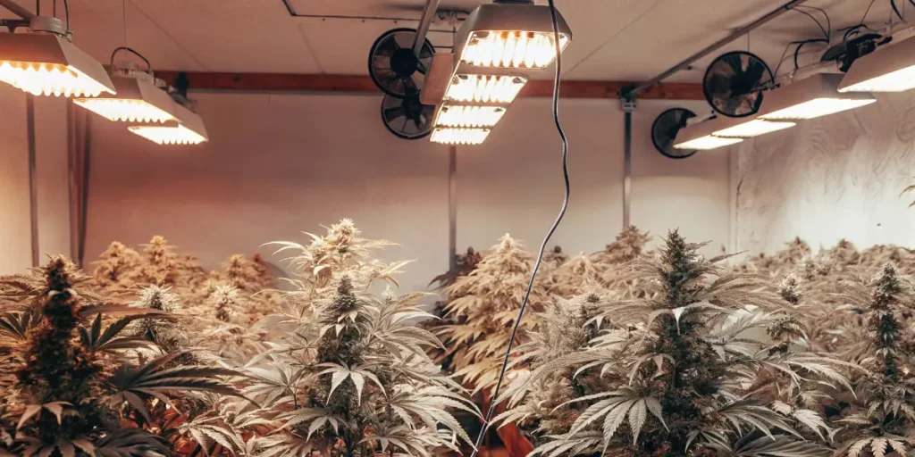 Hyper-realistic indoor cannabis grow room filled with light-colored plants under multiple square grow lights and fans.