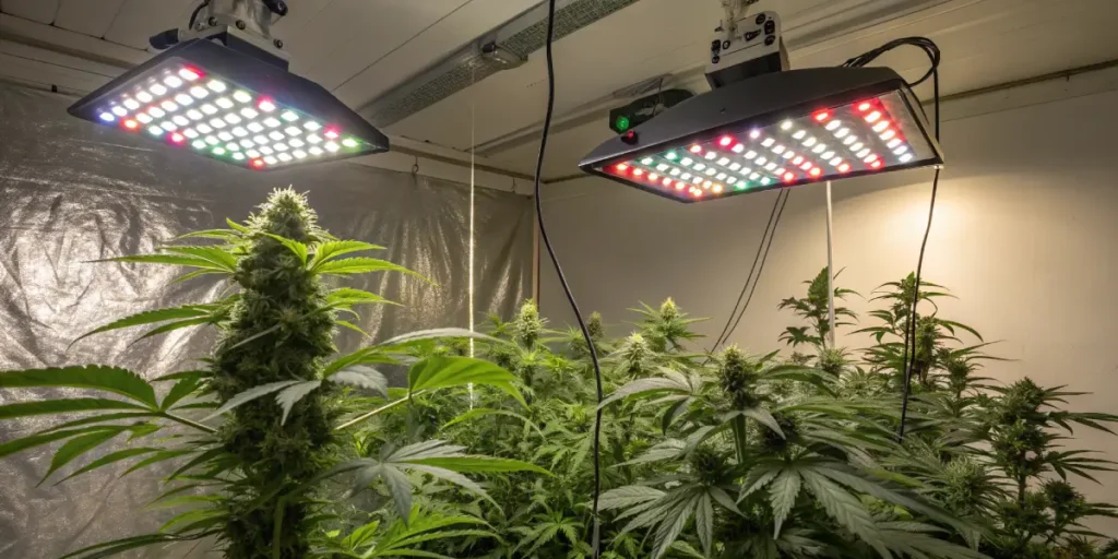 Hyper-realistic indoor cannabis cultivation: lush plants under multi-spectrum LED grow lights, showing red, green, and white.