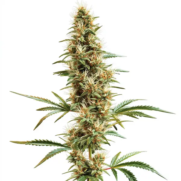 2046 Fast Version cannabis strain with tall branches, fluffy buds, and bright pistils.