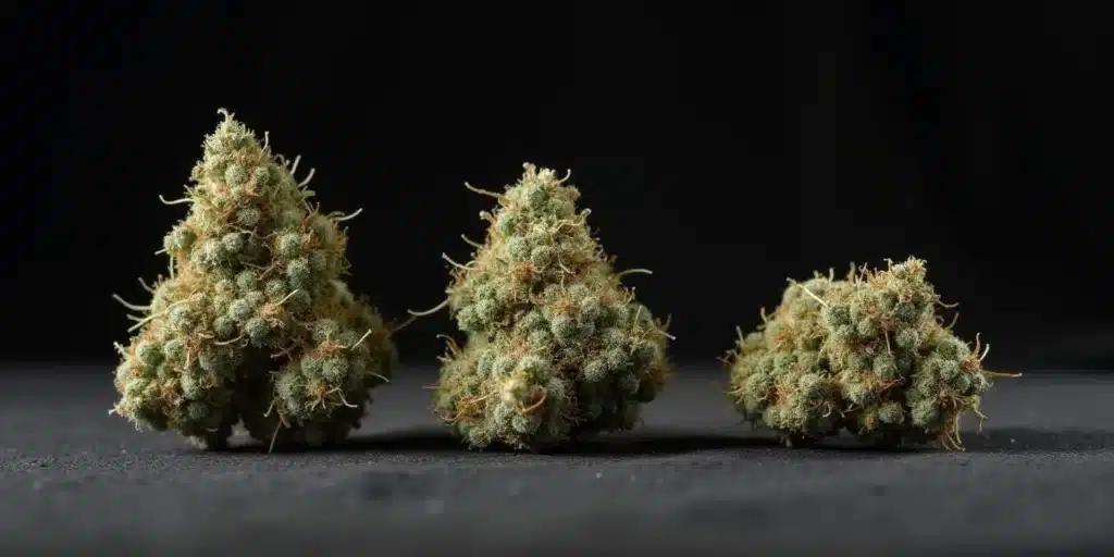 Three dense, frosty cannabis buds of Haze weed strains, varying slightly in size and shape, against a dark background.