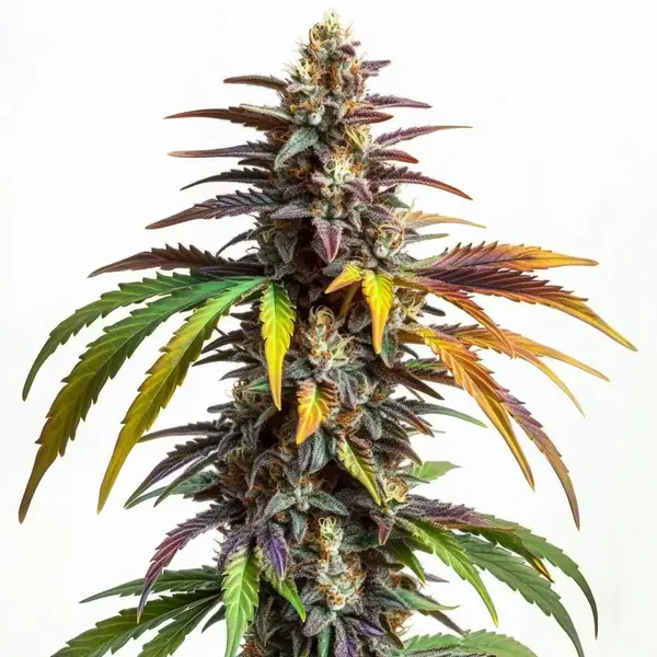Colorful cannabis bud with purple, orange, and green tones, representing the Sundae Driver strain.