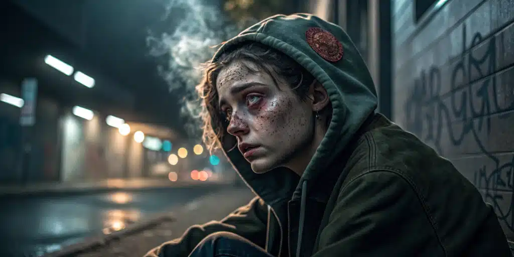 Young woman with a bruised face and hoodie sitting in a dimly lit alley, looking distressed as smoke drifts around her.
