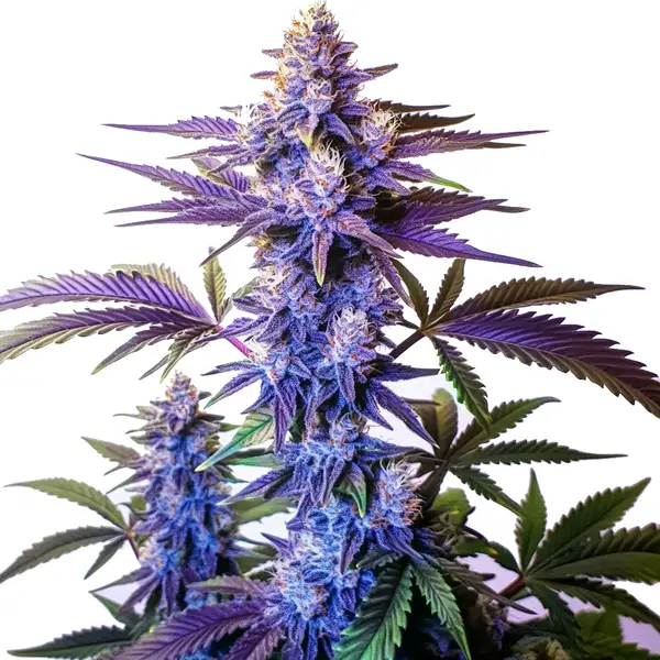 A cannabis plant of the Grand Daddy Purple Fast Version with purple hues and frosty buds.