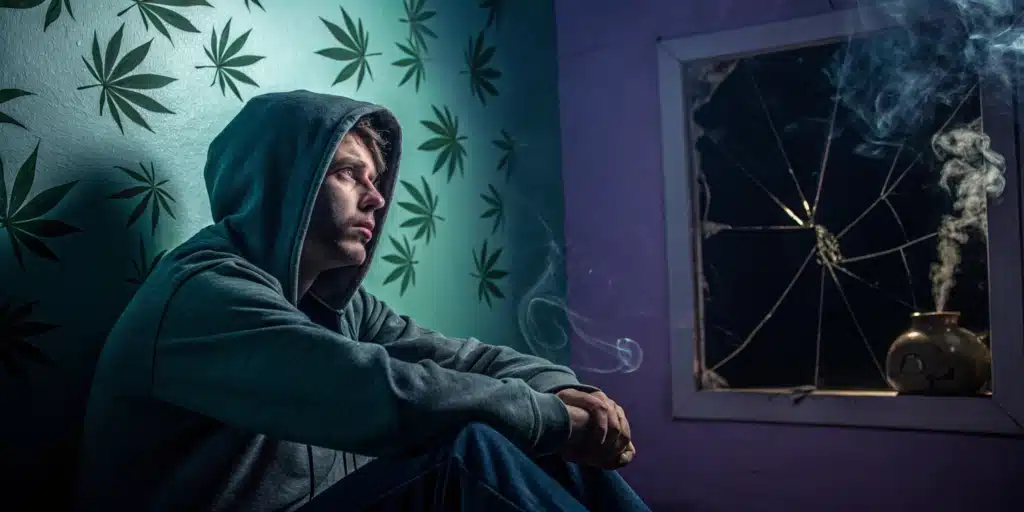 Man in a hoodie sitting in a dimly lit room with cannabis leaf wallpaper, staring at a cracked window with smoke rising.