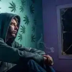 Man in a hoodie sitting in a dimly lit room with cannabis leaf wallpaper, staring at a cracked window with smoke rising.