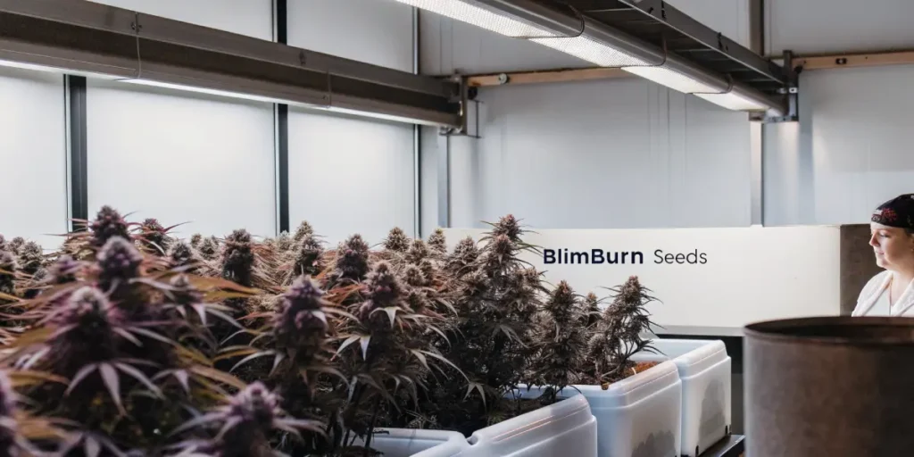 Hyper-realistic scene: lush cannabis plants with dense purple buds in large white containers, with a "BlimBurn Seeds" logo, in a bright indoor grow room.