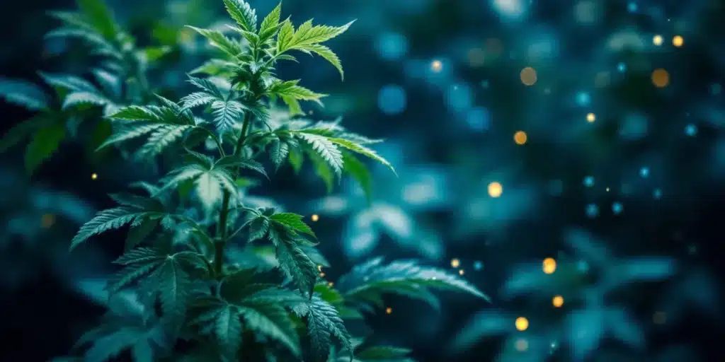 Cannabis plant surrounded by a glowing effect symbolizing the use of spray terpenes to boost growth and enhance natural terpenes production.