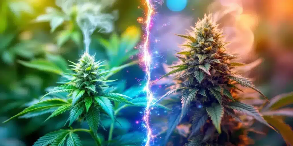 Close-up comparison of cannabis plants showing the effects of spray terpenes on enhancing aroma and flavor profiles with vibrant colors and sparkling visual effects.