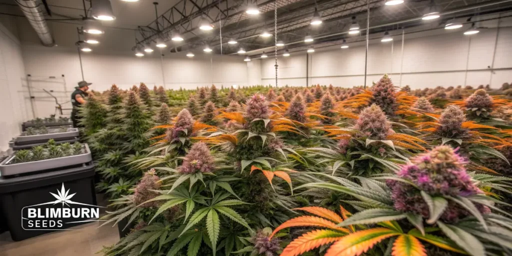 Hyper-realistic scene: vast indoor cannabis grow room filled with rows of mature plants displaying purple and orange hues, with a person inspecting.