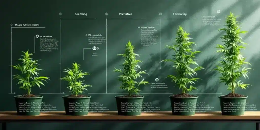 Infographic showing cannabis plant growth stages from seedling to flowering