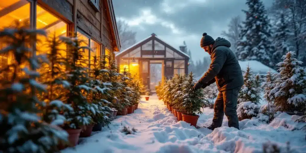 Cannabis plants thriving in outdoor winter conditions with snow-covered surroundings and a grower tending to them.