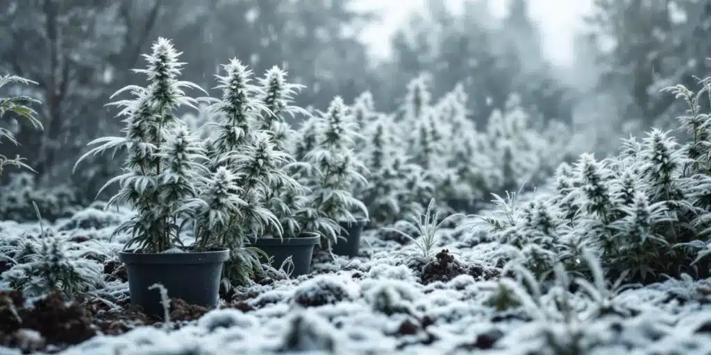 Cannabis plants in pots flourishing under snowy conditions in an outdoor winter garden.