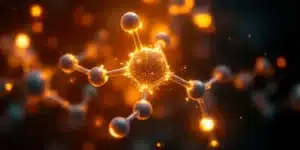 Close-up of a glowing orange and black molecular structure, representing THC-H, against a dark background.