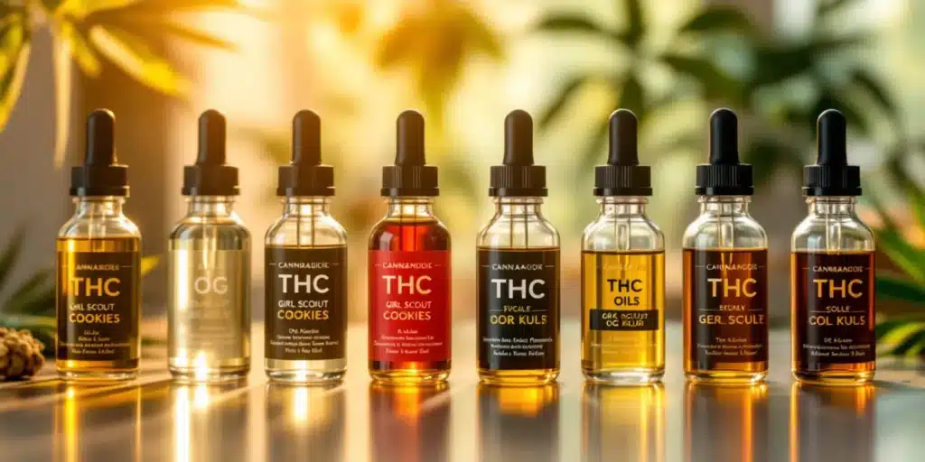 Multiple dropper bottles of THC-H cannabis oil, with various strain names like "THC SCOUT COOKIES" and "OG," arranged on a reflective surface.