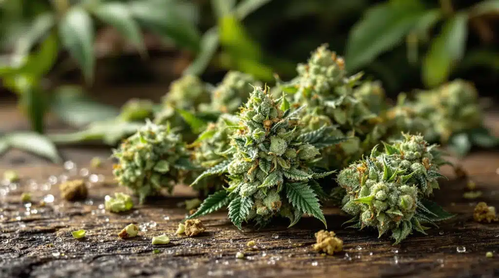 Close-up of frosty cannabis buds with vibrant green leaves on a rustic wooden surface.