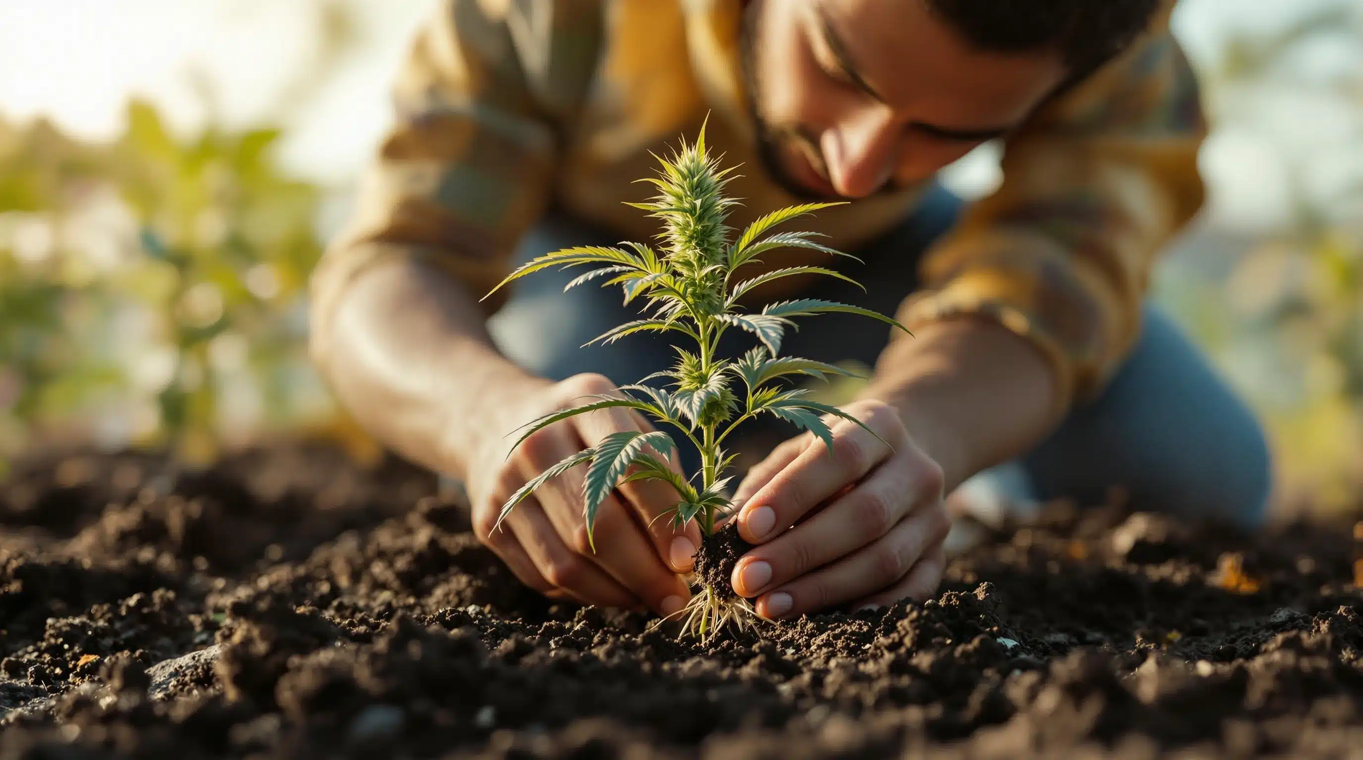 Farmer carefully planting a young cannabis seedling into fertile soil under natural sunlight.