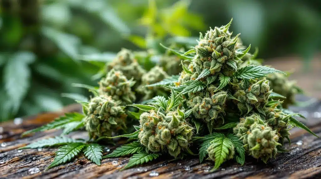 Fresh cannabis buds with detailed trichomes and leaves on a wooden table.