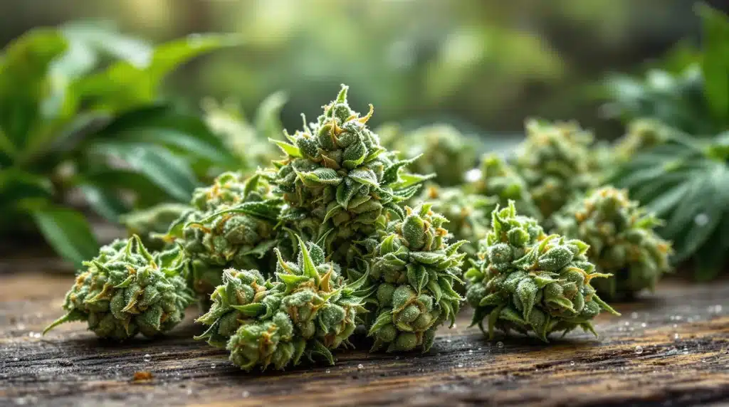 A pile of cannabis buds with glistening trichomes on a rustic wooden surface.