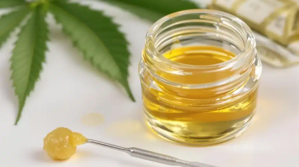 Fresh butane hash oil in a glass container with a dab tool nearby